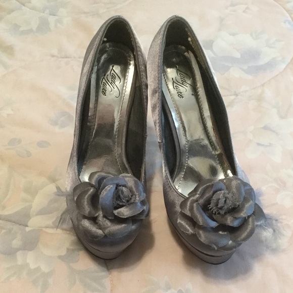 Lady Luxe Satin Gray Platform Heels - Picture 2 of 8